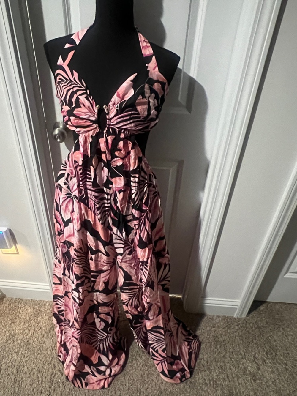 Women's Pink & Black Halter Pants Jumpsuit - Floral Print